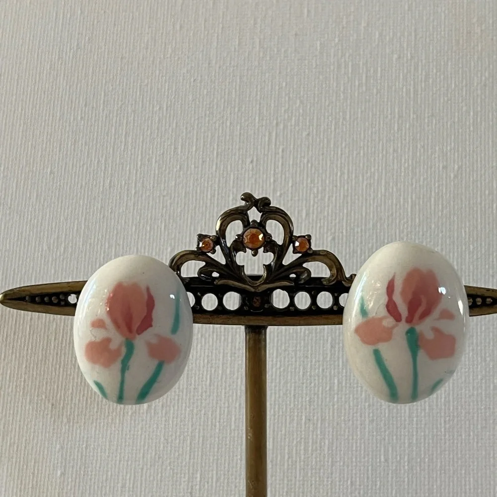 Iris ceramic oval clip on Earrings on Porcelain flower earrings..